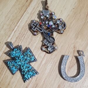 3 Necklace Charms, Cross, Horseshoe, Cross